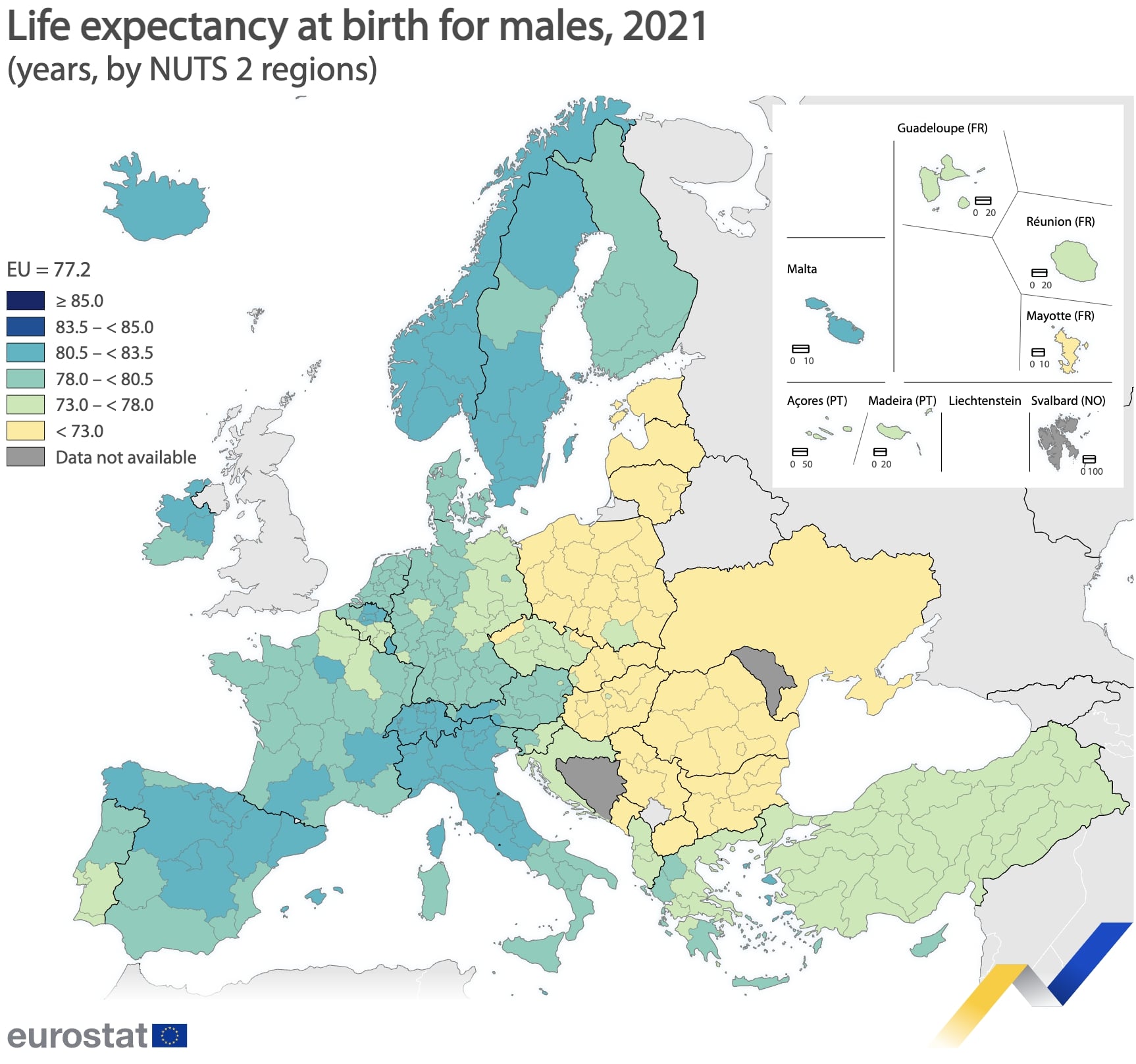 Aspettative di vita degli uomini nei Paesi Europei (dati 2021).